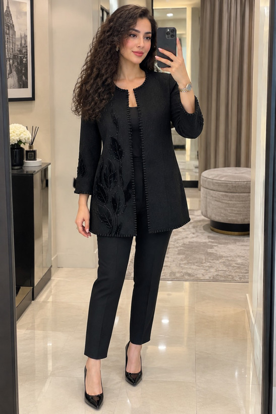 مانتو مجلسی زنانه تکه و سنگ دوزی طرح شاخ و برگ